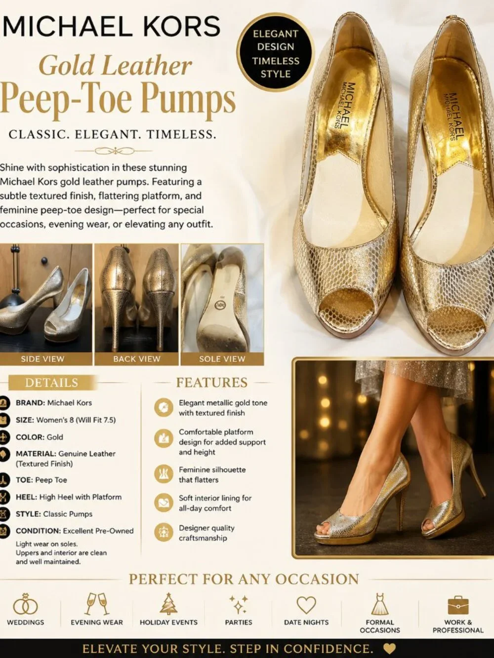 Michael Kors Gold Leather Peep Toe Evening Pumps Size 8 Platform Heels